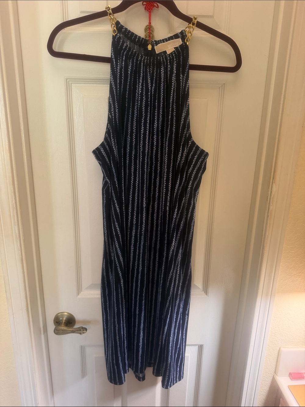 MICHAEL Michael Kors Navy and White Striped Halter Midi with Gold Chain Straps